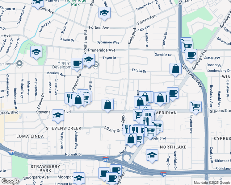 map of restaurants, bars, coffee shops, grocery stores, and more near 2831 Malabar Avenue in Santa Clara