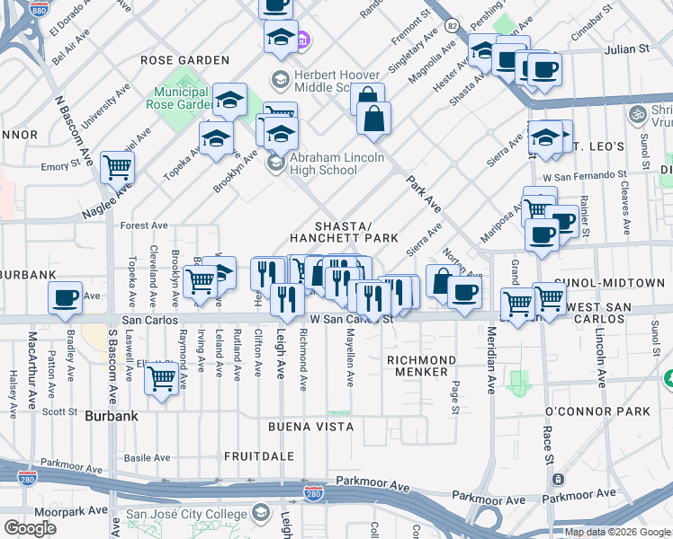 map of restaurants, bars, coffee shops, grocery stores, and more near 1660 Hanchett Avenue in San Jose