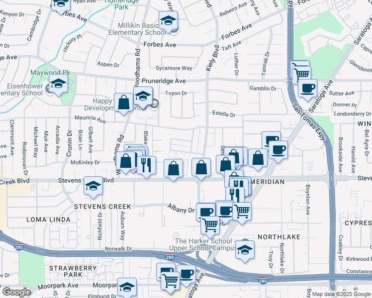 map of restaurants, bars, coffee shops, grocery stores, and more near 2831 Malabar Avenue in Santa Clara