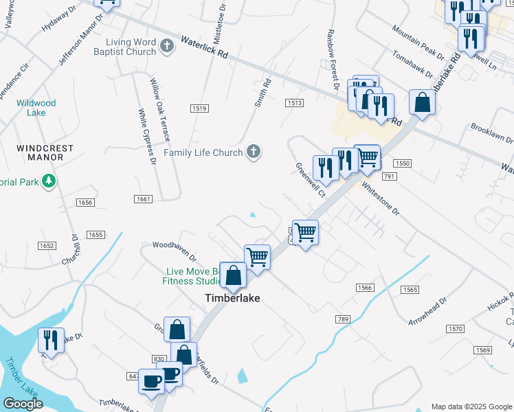 map of restaurants, bars, coffee shops, grocery stores, and more near 158 Mallard Lane in Forest