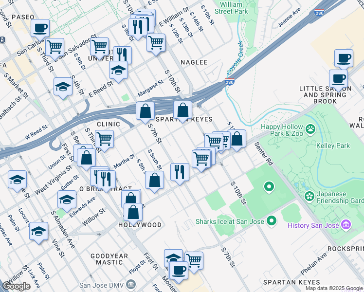 map of restaurants, bars, coffee shops, grocery stores, and more near 925 South 9th Street in San Jose
