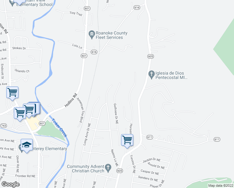 map of restaurants, bars, coffee shops, grocery stores, and more near 4827 Golfview Drive Northeast in Roanoke