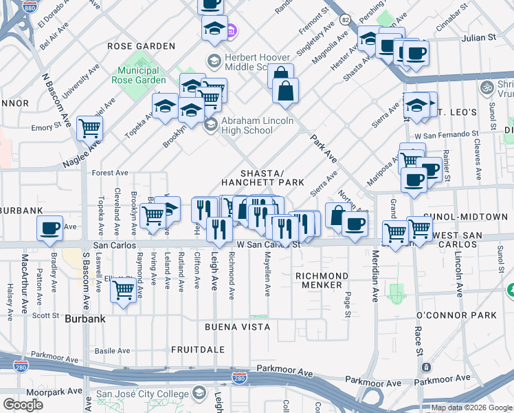 map of restaurants, bars, coffee shops, grocery stores, and more near 1660 Hanchett Avenue in San Jose