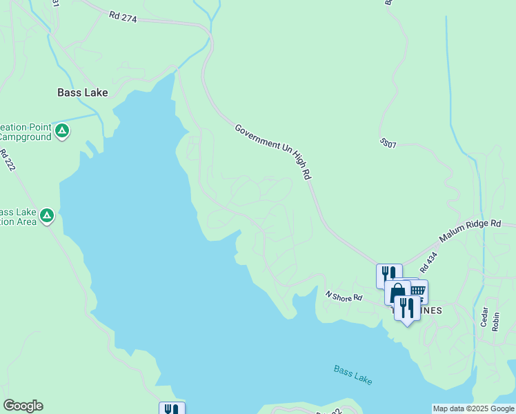 map of restaurants, bars, coffee shops, grocery stores, and more near 39656 Red Bud in Bass Lake