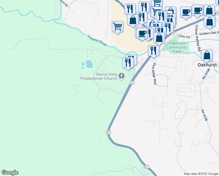 map of restaurants, bars, coffee shops, grocery stores, and more near Victoria Lane in Oakhurst