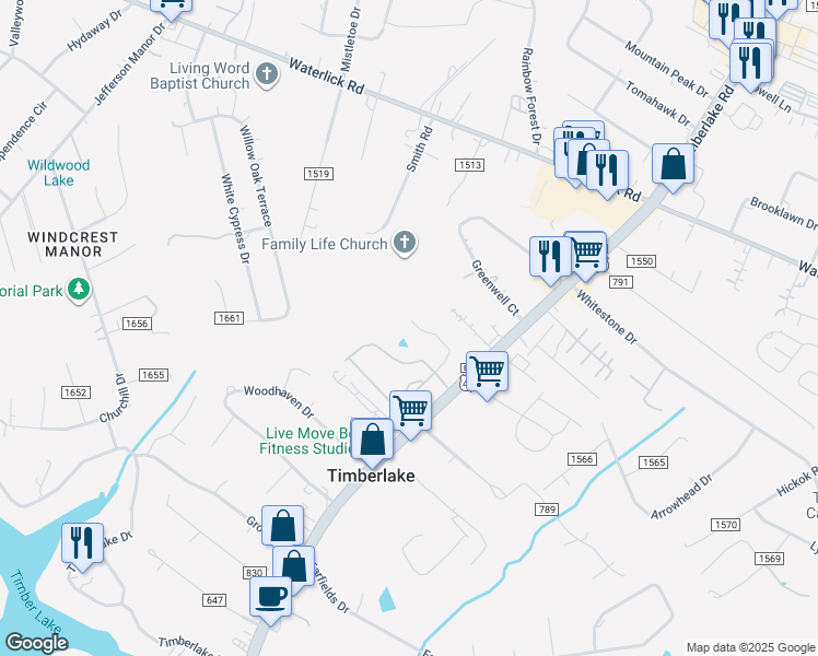map of restaurants, bars, coffee shops, grocery stores, and more near 158 Mallard Lane in Forest