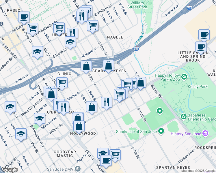 map of restaurants, bars, coffee shops, grocery stores, and more near 925 South 9th Street in San Jose