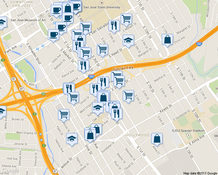 map of restaurants, bars, coffee shops, grocery stores, and more near 754 South 3rd Street in San Jose