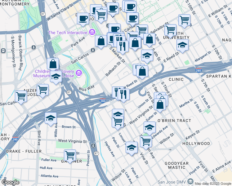 map of restaurants, bars, coffee shops, grocery stores, and more near 566 South Almaden Avenue in San Jose