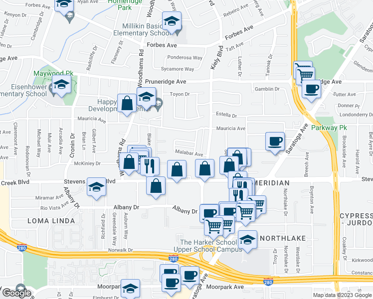 map of restaurants, bars, coffee shops, grocery stores, and more near 2843 Regnart Way in Santa Clara