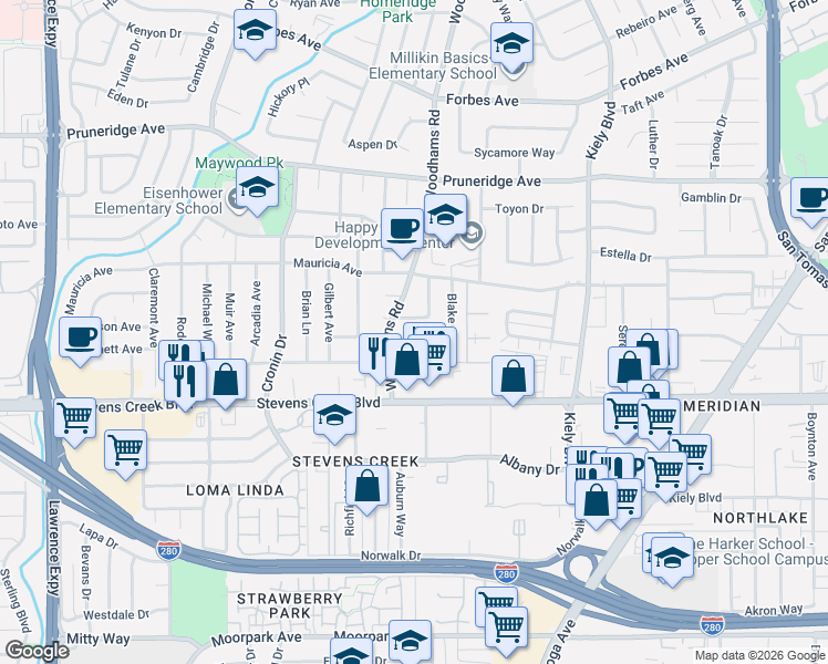 map of restaurants, bars, coffee shops, grocery stores, and more near 3047 Cameron Way in Santa Clara