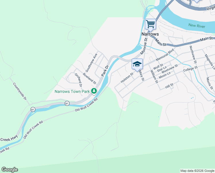 map of restaurants, bars, coffee shops, grocery stores, and more near State Route 724 in Narrows
