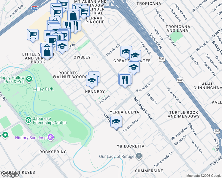 map of restaurants, bars, coffee shops, grocery stores, and more near 1062 Sultana Drive in San Jose
