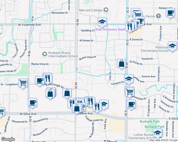 map of restaurants, bars, coffee shops, grocery stores, and more near 3350 M Street in Merced