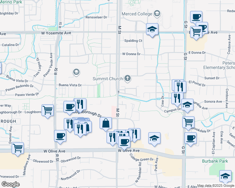 map of restaurants, bars, coffee shops, grocery stores, and more near M Street in Merced