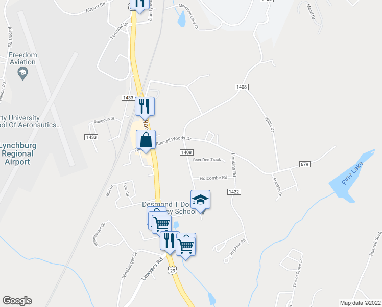 map of restaurants, bars, coffee shops, grocery stores, and more near 305 George Street in Lynchburg