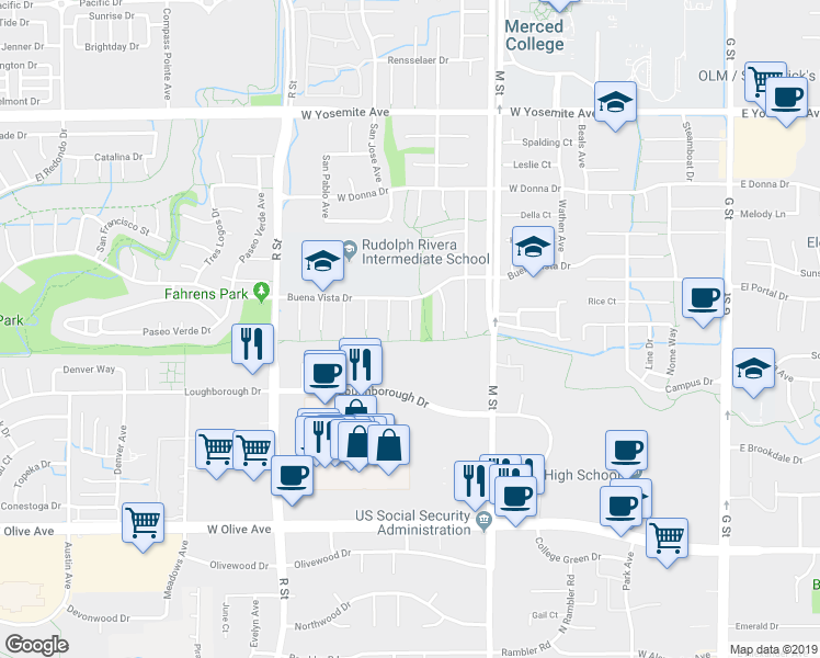 map of restaurants, bars, coffee shops, grocery stores, and more near 3301 San Rafael Court in Merced