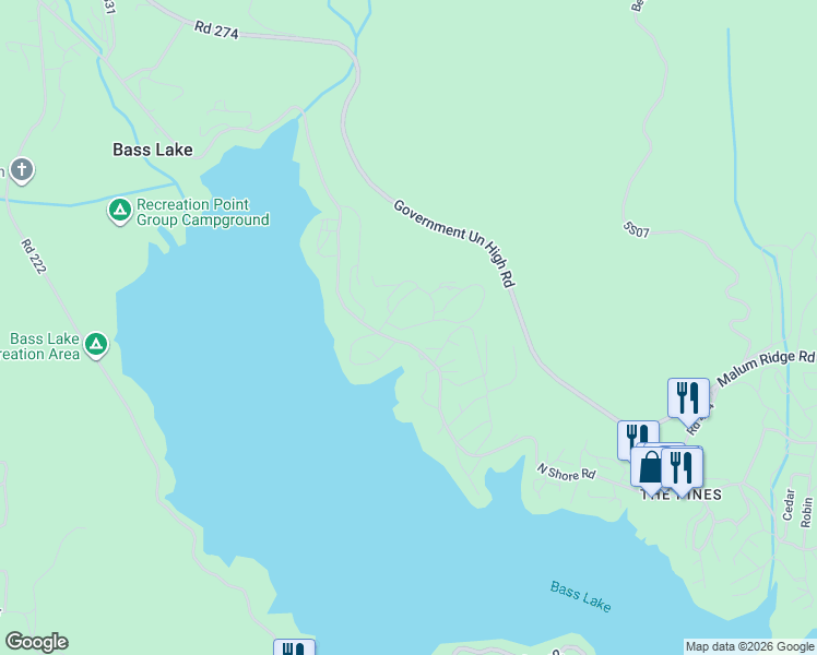 map of restaurants, bars, coffee shops, grocery stores, and more near 53819 Road 432 in Bass Lake