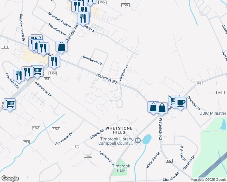 map of restaurants, bars, coffee shops, grocery stores, and more near Shrader Lane in Lynchburg