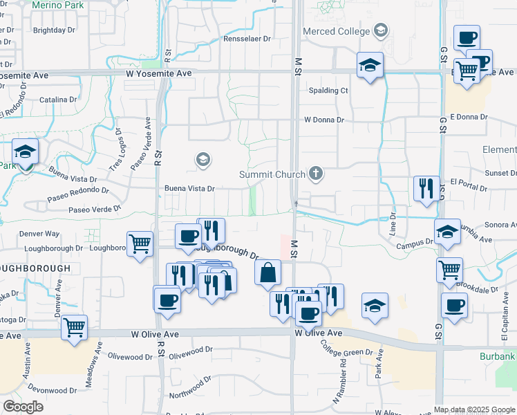 map of restaurants, bars, coffee shops, grocery stores, and more near 3355 San Fernando Court in Merced