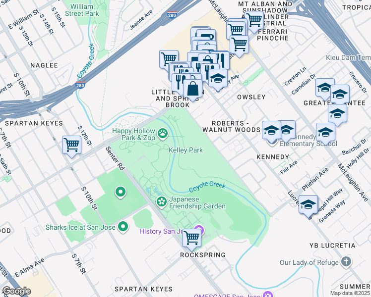map of restaurants, bars, coffee shops, grocery stores, and more near 1300 Senter Road in San Jose