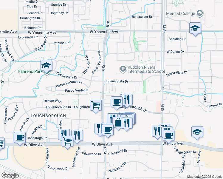 map of restaurants, bars, coffee shops, grocery stores, and more near 3375 San Mateo Court in Merced