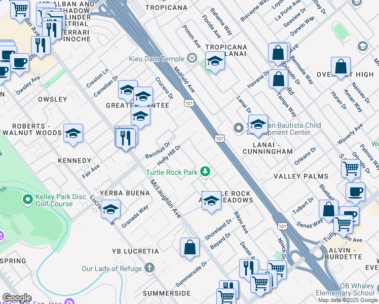 map of restaurants, bars, coffee shops, grocery stores, and more near 1316 Holly Hill Drive in San Jose