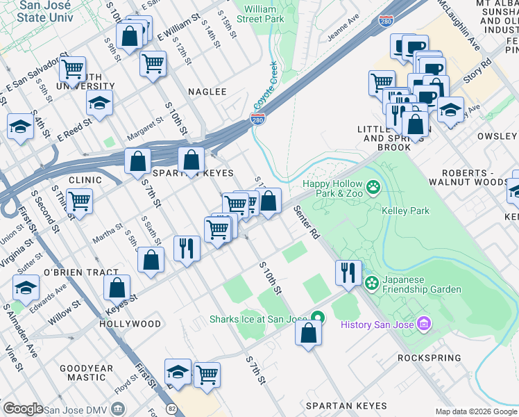 map of restaurants, bars, coffee shops, grocery stores, and more near 1045 South 12th Street in San Jose