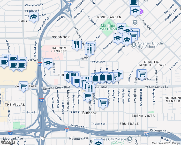 map of restaurants, bars, coffee shops, grocery stores, and more near 166 North Bascom Avenue in San Jose