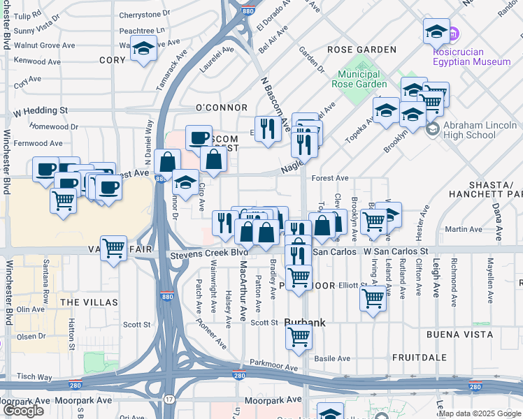 map of restaurants, bars, coffee shops, grocery stores, and more near 166 Revey Avenue in San Jose