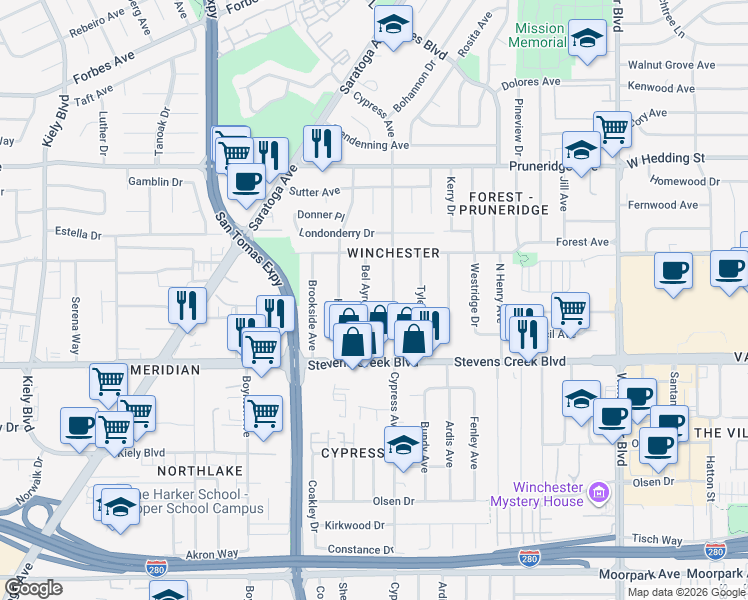 map of restaurants, bars, coffee shops, grocery stores, and more near 146 Bel Ayre Drive in Santa Clara
