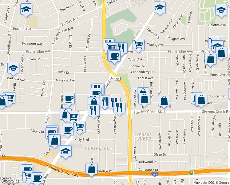map of restaurants, bars, coffee shops, grocery stores, and more near 111 Saratoga Avenue in Santa Clara
