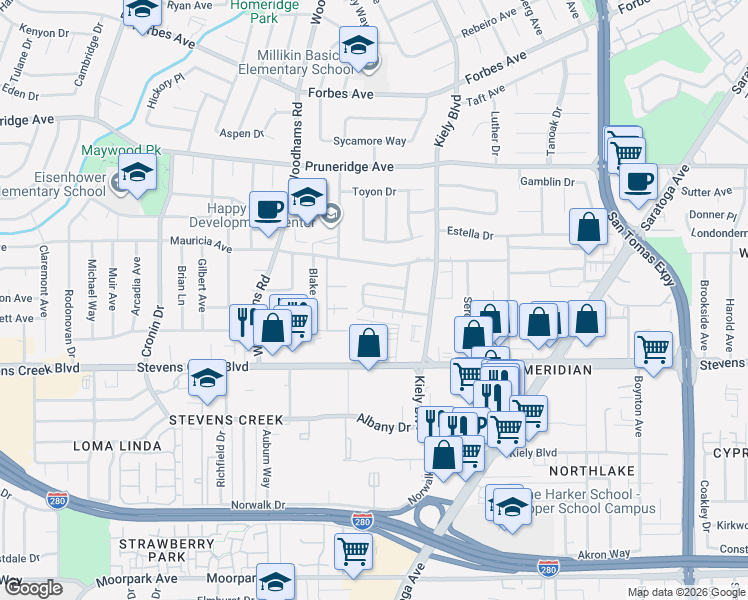 map of restaurants, bars, coffee shops, grocery stores, and more near 2843 Regnart Way in Santa Clara