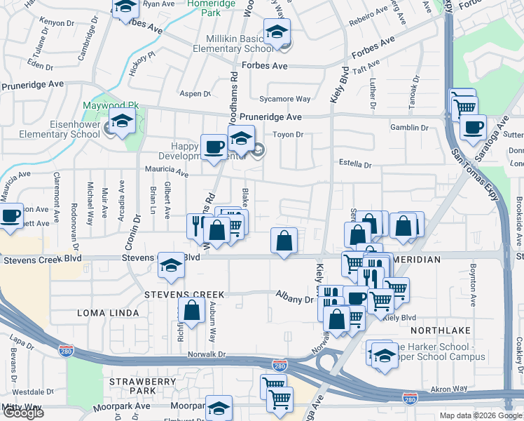 map of restaurants, bars, coffee shops, grocery stores, and more near 2925 Roma Court in Santa Clara