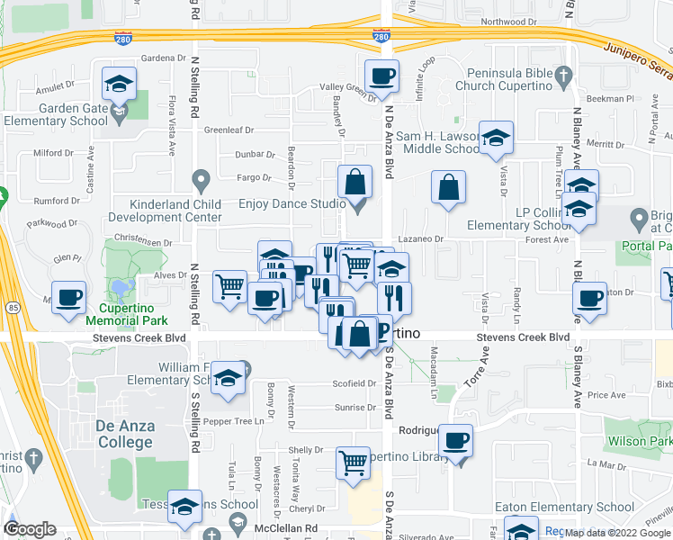 map of restaurants, bars, coffee shops, grocery stores, and more near 20600 Lazaneo Drive in Cupertino