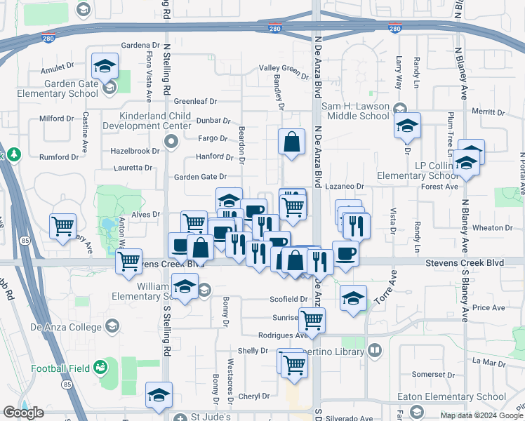 map of restaurants, bars, coffee shops, grocery stores, and more near 20652 Park Circle West in Cupertino