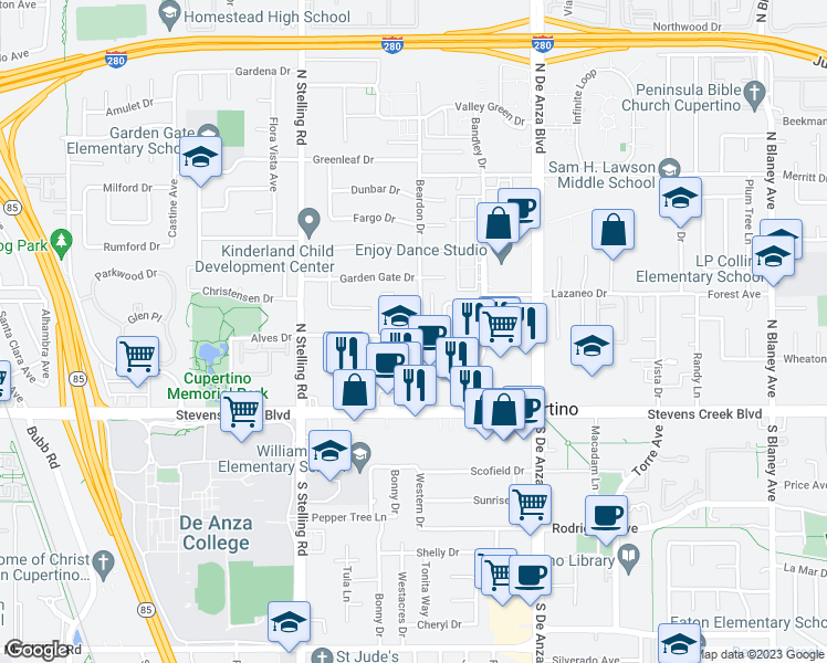 map of restaurants, bars, coffee shops, grocery stores, and more near 10195 Beardon Drive in Cupertino