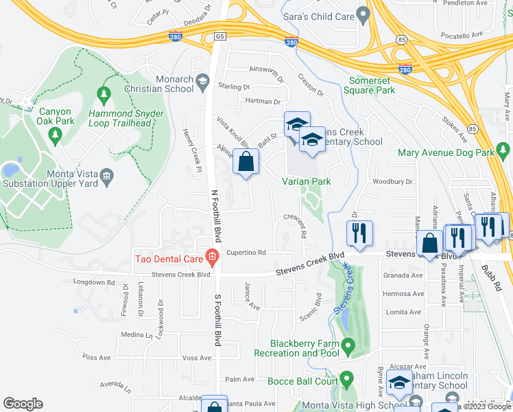 map of restaurants, bars, coffee shops, grocery stores, and more near 10201 Hillcrest Road in Cupertino