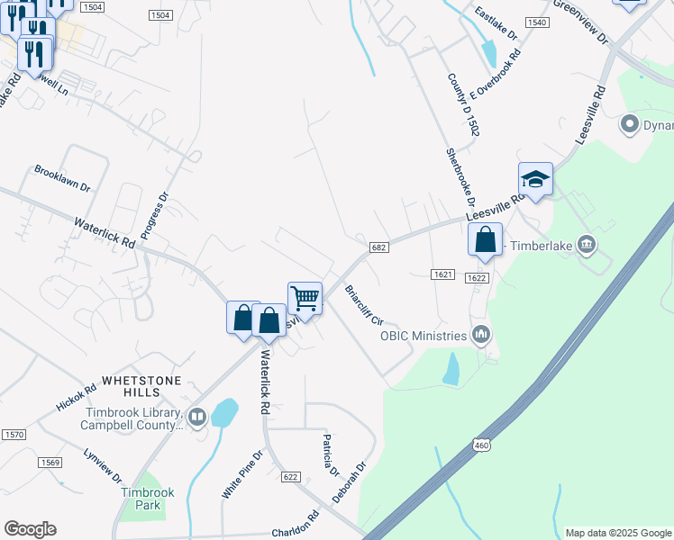 map of restaurants, bars, coffee shops, grocery stores, and more near 19442 Leesville Road in Lynchburg