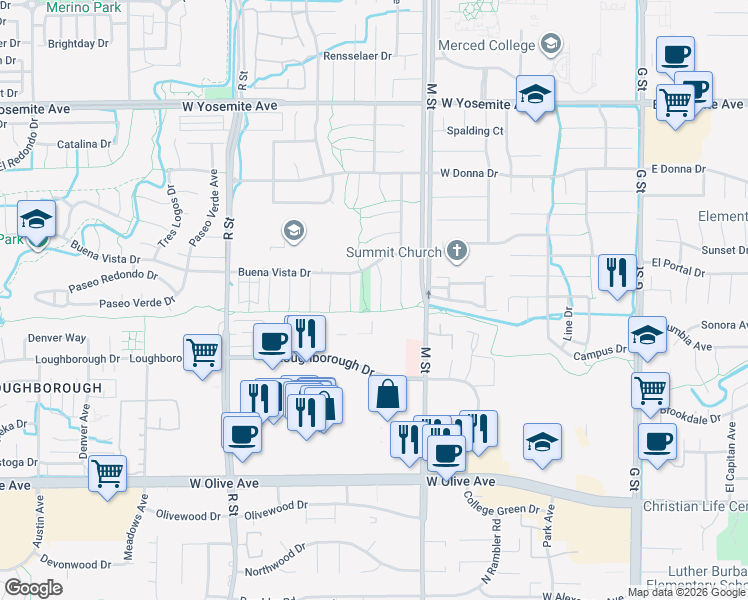 map of restaurants, bars, coffee shops, grocery stores, and more near 3374 San Fernando Court in Merced