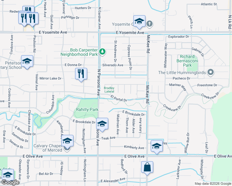 map of restaurants, bars, coffee shops, grocery stores, and more near 3361 Canterbury Court in Merced