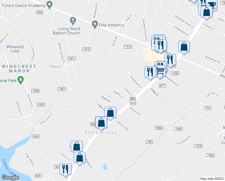 map of restaurants, bars, coffee shops, grocery stores, and more near 134 Mallard Lane in Timberlake