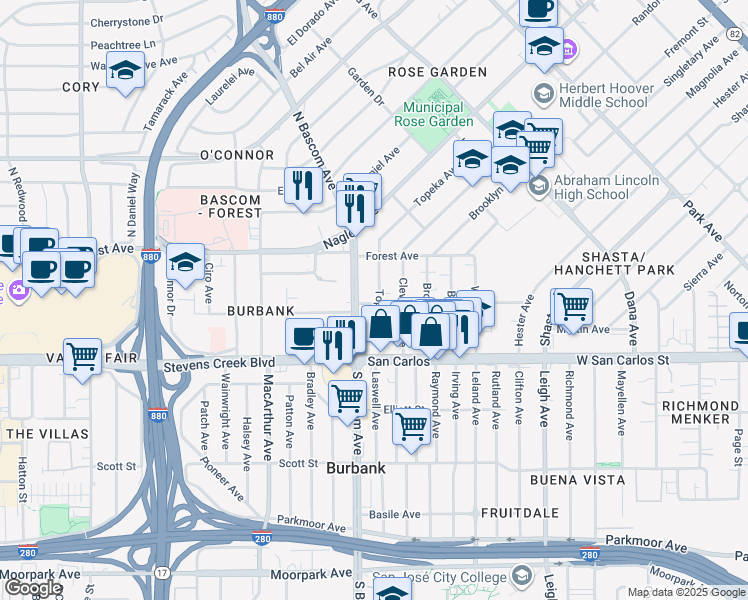 map of restaurants, bars, coffee shops, grocery stores, and more near 2469 Olive Avenue in San Jose