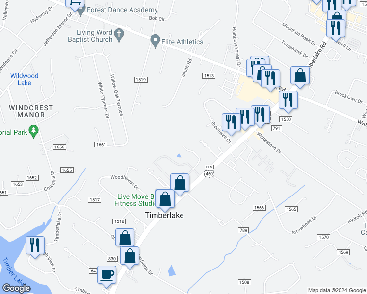 map of restaurants, bars, coffee shops, grocery stores, and more near 84 Mallard Lane in Timberlake