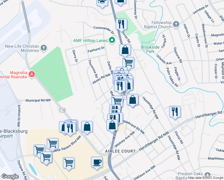 map of restaurants, bars, coffee shops, grocery stores, and more near 5505 Darby Road in Roanoke