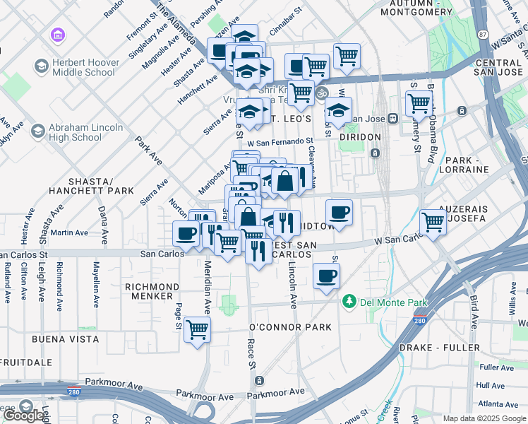 map of restaurants, bars, coffee shops, grocery stores, and more near 1067 Parkinson Court in San Jose