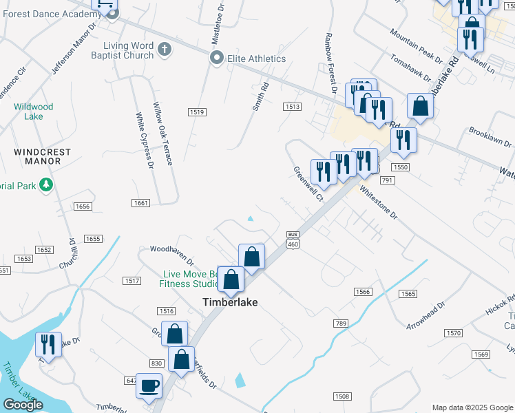 map of restaurants, bars, coffee shops, grocery stores, and more near 158 Mallard Lane in Timberlake