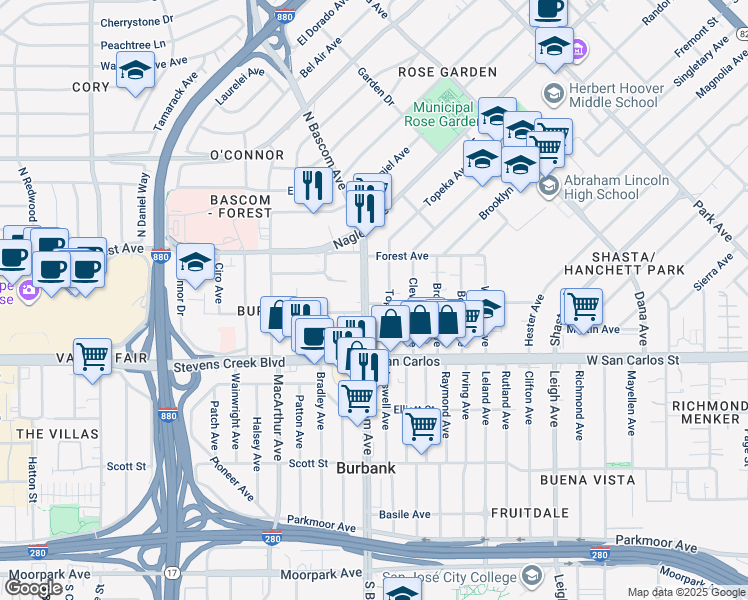 map of restaurants, bars, coffee shops, grocery stores, and more near 2473 Olive Avenue in San Jose