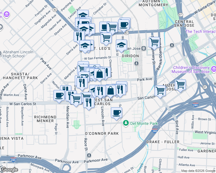 map of restaurants, bars, coffee shops, grocery stores, and more near 220 South Morrison Avenue in San Jose