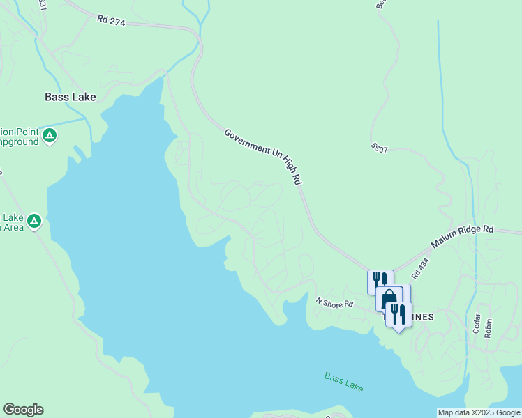 map of restaurants, bars, coffee shops, grocery stores, and more near Dogwood Creek Drive in Bass Lake